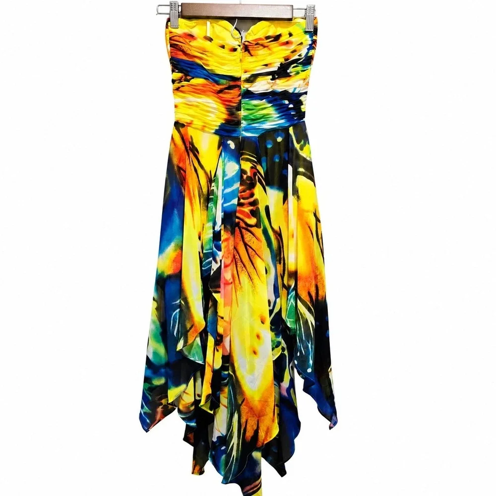 Y2K Fairy Arden B‎ XS Strapless High Low Dress Abstract Print Handkerchief Hem